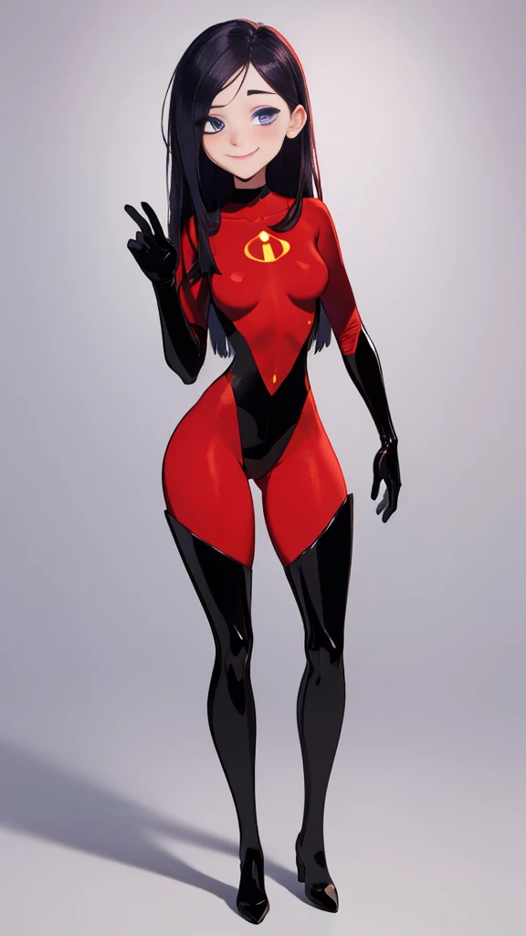 (full body),masterpiece, Highest quality, One Girl, purple, Long Hair, Black Hair,  Blue eyes，Hair on one eye,  (Red Hero Suit)，Red bodysuit，black elbow gloves，Black thigh-high boots，Thick thighs，Place one hand on hip，upright，View your viewers, smile, Simp...