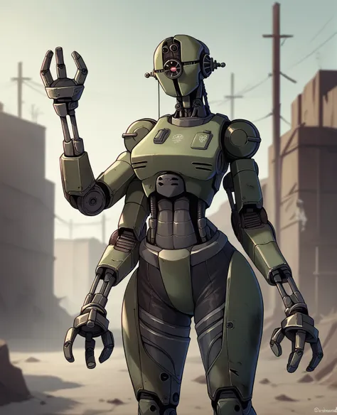 score_9, score_8_up, score_7_up, score_6_up, score_5_up, source_furry, assaultron, fallout, 1girl, solo, breasts, looking at vie...