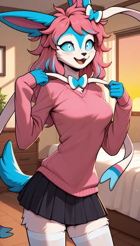 Excited expression, 1girl, anthro, furry, fur, fluffy fur, sylveon girl, pink hair (cyan highlights), cyan eyes, long pink hair, Messy hair, (19 years), medium breast, thighs, solo, (bedroom), sunset, detailed, pink sweater, black skirt, white stockings, w...