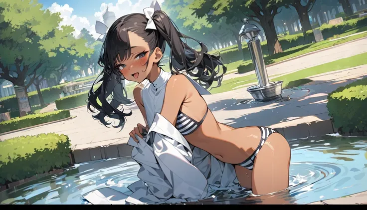 (anime style),masterpiece, best quality, extremely detailed,15Year old,tanned skin,dark skin, Beautiful body,small breasts,BREAK,multicolored colorful black hair,short hair,hair slicked back,for head,pigtails,BREAK,black eyes,out tongue,shy smile,open mout...