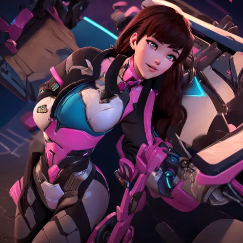 Masterpiece, Best Quality, High Resolution, 1girl, Super High Resolution, Solo, Mech Pilot, D.VA, Headphones, Pink Eyes, Blue bikini Tights, Brown Hair, White Gloves, Cat Face Adornament, neon beach at night 