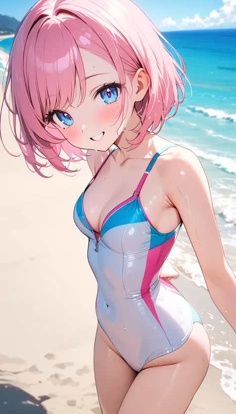 (1 girl),(Best Picture Quality, 8K, Masterpiece:1.3), (high school student:1.5), ((pink lob hair:1.1)), (bob cut),(swept bangs), (cute eyes, pupil black, iris skyblue, youthful face), (mole under right eye), (standard weight), (small breasts), (glistening ...