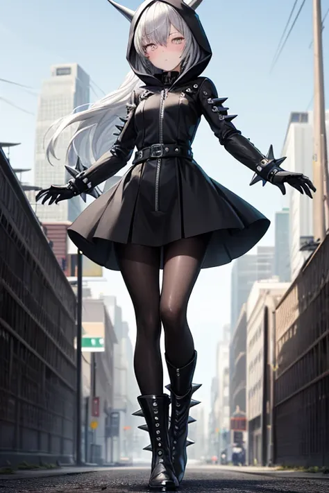 ((best quality)), ((masterpiece)), (detailed), 1 girl, Full body, 18 years old, Depressed face, Silver eyes, Arm outstretched, Gray zippered hood, Blushing, Silver hair, Spiky hair, Bangs, Strand of hair covering eye, Full body, Tall, Small breasts, Thin b...