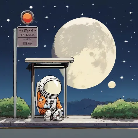 Cute spaceman waiting at moon bus stop, Hayao Miyazaki style, Studio Ghibli style
