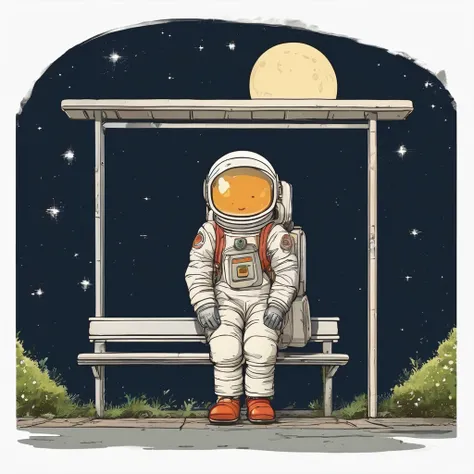 Cute spaceman waiting at moon bus stop, Hayao Miyazaki style, Studio Ghibli style
