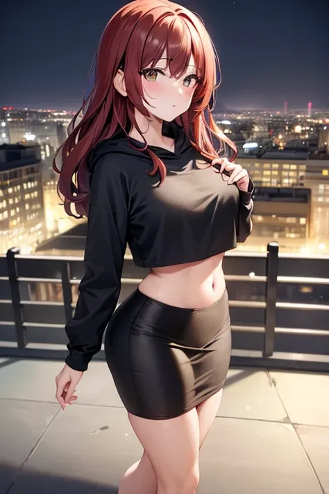 ((masterpiece, best quality, ultra-detailed)), highres, beautiful woman looking at viewer, shy, blush, hoodie, crop top, black midi pencil skirt, long pencil skirt, full body, wavy brown hair, city, rooftop, fence, night sky, lights