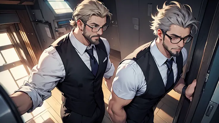 male、Black vest、shirt、tie、Beard、, grey hair, short hair, rimless eyewear, earrings, speed lines, dutch angle, UHD, best quality, highres, 8k