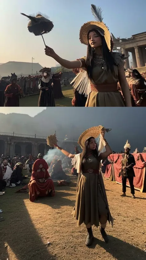 The scene is atmospheric and open, ancient sacrificial pictures, smoky and full of smoke, birds in human clothes dancing, worshiping Sunday, (detailed costume details, detailed clothing light sense), faintly appearing, detailed bird feather details, cumber...