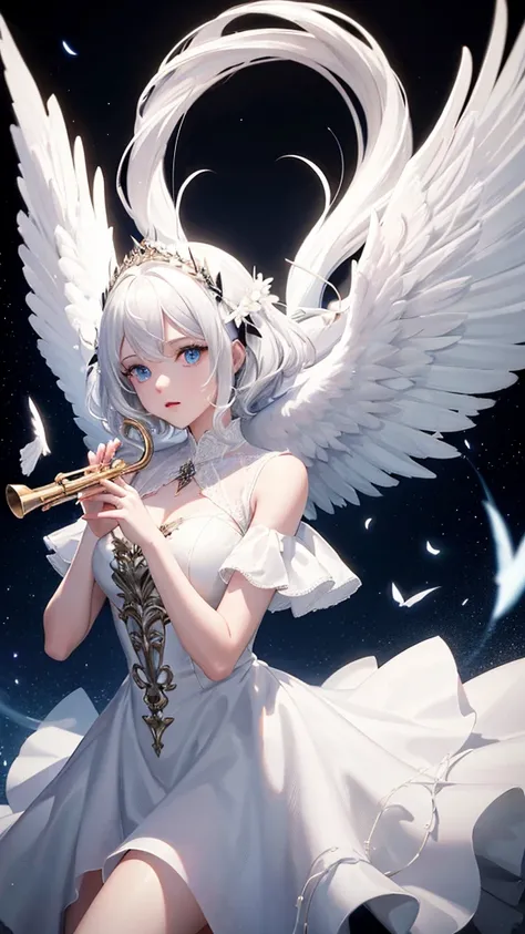 The background is black, featuring an angel with white hair, a white dress, blue eyes, and white wings on her back. She is a young woman holding a trumpet and descending from the sky to the ground.