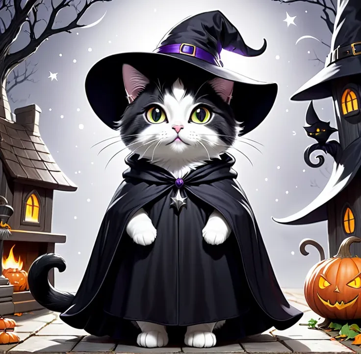 coloring book illustration、line art、black and white、monochrome、outline image、wizard cat、hat and cloak、cat witch、cute、witch&#39;s...