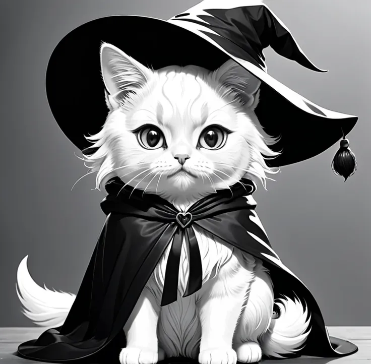 coloring book illustration、line art、black and white、monochrome、outline image、wizard cat、hat and cloak、cat witch、cute、witch&#39;s...