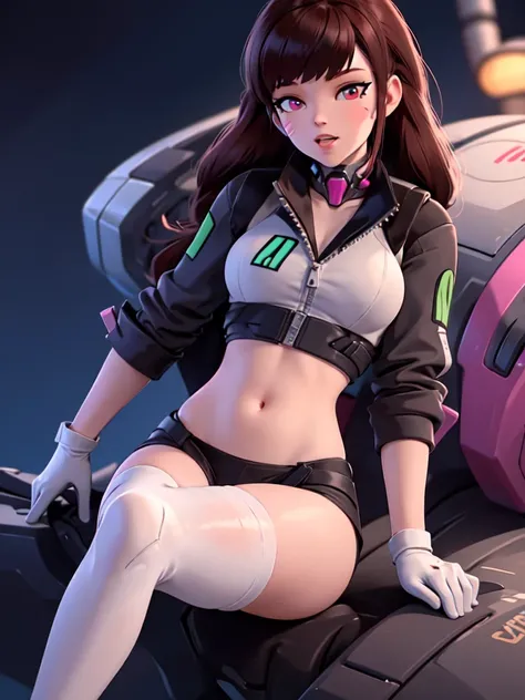 Masterpiece, Best Quality, High Resolution, 1girl, Super High Resolution, Solo, Mech Pilot, D.VA, Headphones, Pink Eyes, Blue bikini Tights, Brown Hair, White Gloves, Cat Face Adornament, neon beach at night 