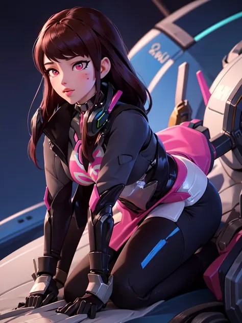 masterpiece, best quality, high resolution, 1girl, super high resolution, solo, mech pilot, d.va, headphones, pink eyes, blue bi...