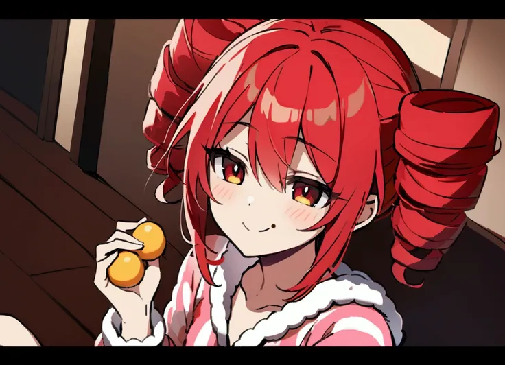 Eating sweets.Red hair, loungewear, smiling