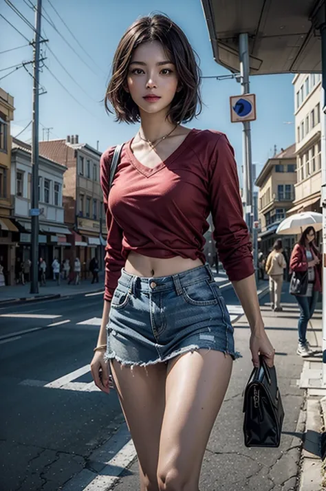 ((8k, Best Quality, ultra high resolution, Mesa, photorealistic:1.3)), 1 woman , big breasts, in her miniskirt,very short denim miniskirt that fits her wide and sensual hips., Wearing a tight, unbuttoned red shirt with a deep neckline., Sharpen your face, ...