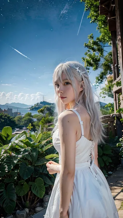 The background is a city, perfect white-haired girl,  in dress, white-haired, white-haired god, cute anime waifu in beautiful clothes, gray-haired, best anime 4k konachan wallpaper, little curve , guvez on Pixiv ArtStation, white-haired girl, nightcore, st...