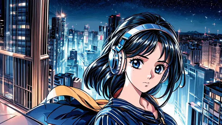 ((masterpiece)),(((highest quality))),((super detailed)) realistically, 1 girl, beautiful, wearing headphones, one person　 night...