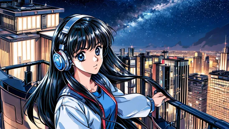 ((masterpiece)),(((Highest quality))),((Super detailed)) Realistically, 1 Girl, beautiful, Wearing headphones, One person　 night景を見てる, city, Starry Sky, building, night.　Long Black Hair　The wind is blowing