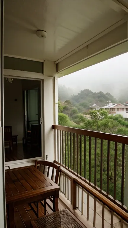 make a casual image, inside a house, with balcony and nature view, on a rainy day
