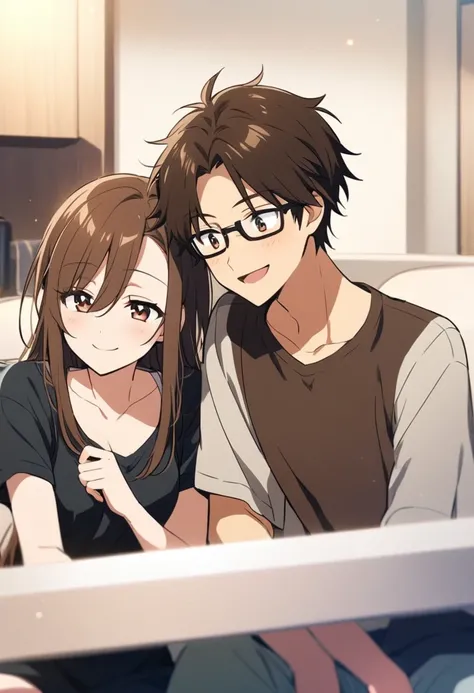 anime, two people, one beautiful female with long brown hair and no glasses, the other person is a male with short dark brown hair and black rimmed glasses, they are boyfriend and girlfriend, both smiling 