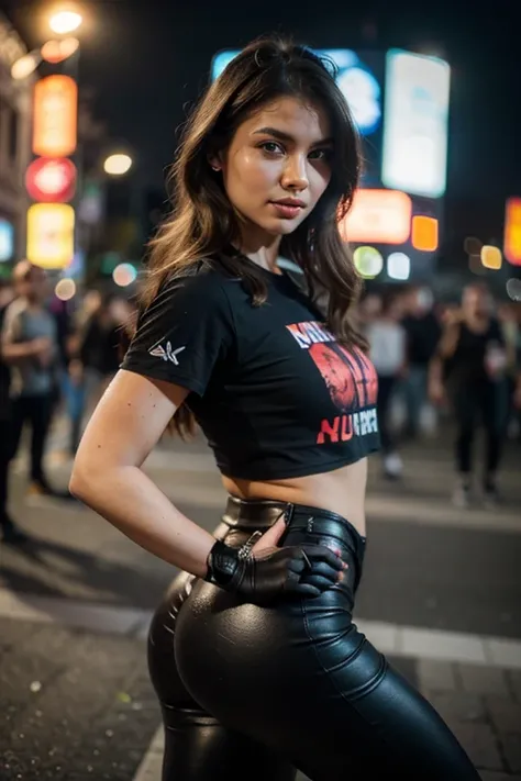 a beautiful detailed woman with healthy expression, satisfied with her body, wearing a black tight pants and a fashionable Metallica 2024 band t-shirt, posing for a photo at a concert, instagram photo(best quality,4k,8k,highres,masterpiece:1.2),ultra-detai...