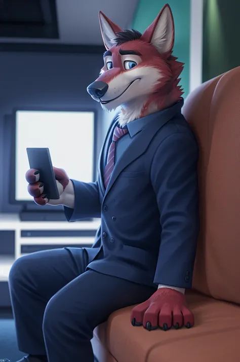 Joachim Wolfbach (Zootopia),tall handsome, wolf,young, 24 years, brown fur, hair on the head,(red body:1.3),Blue eyes, Moscow Dressed, shirt,blazer, tie,trousers,blue sandals,canine, wolf, detailed fur, Male, antro, paw pads, finger claws,holding a laptop,...