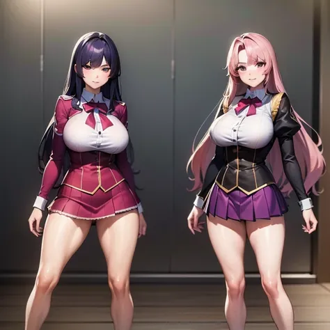 a masterpiece of two identical twin girls with heather-purple colored hair, huge wavy hairstyle, cover-bangs, hazel eyes, and matching school uniforms with sexy lace accents, ribbons, and rainbow short skirts, wearing white thigh-high socks and black high ...