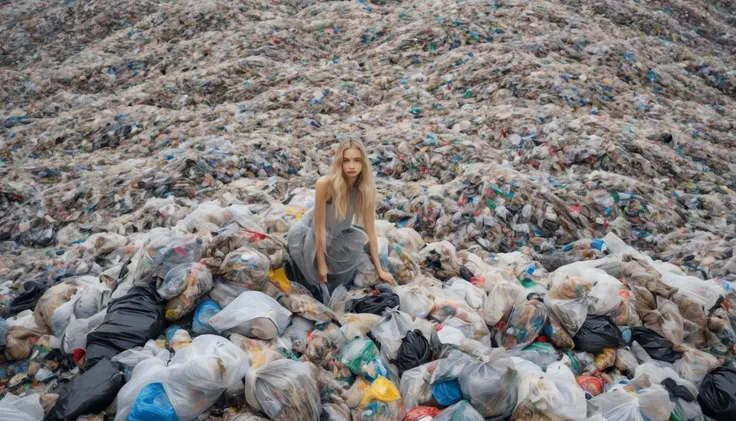 isometric angle of shot, wide shot, endless garbage dump covered in diverse sized dirty plastic bags, endless view wide angle covered in diverse sized plastic bags BREAK fashion model woman gorgeous girl sasha luss posing surrounded by towering piles plast...