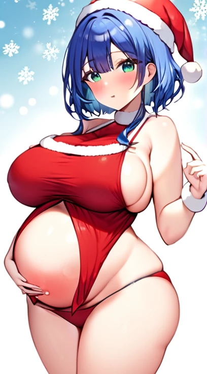 Santa costume,Swimwear,Big Breasts,Pregnant women,Pregnant belly,Multiple births,Blue Hair,Bobcut