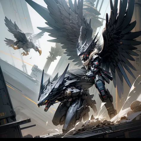 black Mecha, Eagle Helmet, Claw weapons, Giant Wings,attack, blackくなった, navy, Extremely high detail, black, beast, animal, myth, dark, knight, fly in the sky,Laser beam