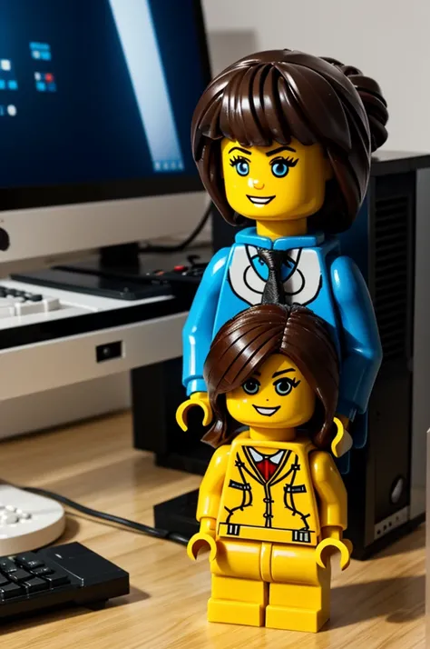 create a lego doll sitting in front of a computer setup, Spotlight, looking ahead