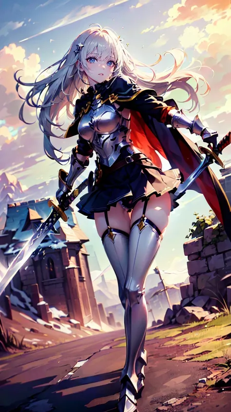 A girl wielding a sword，17 years old，Blonde long hair，Green Eyes，Silver metal armor covering the upper body，pleated micro mini skirt，Thigh-length silver metal boots，Big red cape，white thigh high stockings，Holding a beautifully decorated long sword，Jump and...