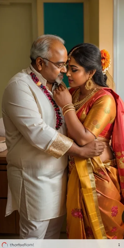 a  50-year-old shirtless man  affectionately hugging and kissing aradiant, full-figured South Indian plus-sized 30 year old teacher wearing a cream silky saree in  dressing room, captured in a full-body image with vibrant hues and meticulous details. Full ...