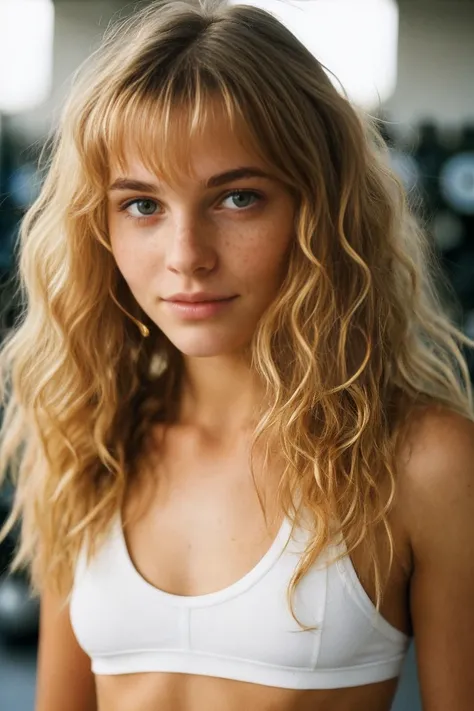 realistic photo of a 17-year-old girl, beautiful face, cute appearance, long wavy blonde hair with bangs, freckles, wearing gym outfit, standing at gym , relaxed expression, brimming with emotion, interplay of contrast along with detailed light and shadow,...