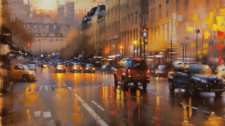 Cityscape print , Paris street cafeteria, night market,  road light, car,  bookstore, Long Shot, A broad perspective,  sunset, car両,  Artistic Oil Painting,