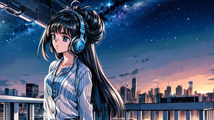 ((masterpiece)),(((Highest quality))),((Super detailed)) Realistically, 1 Girl, beautiful, Wearing headphones, One person　 night景を見てる, city, Starry Sky, building, night.　Long Black Hair　The wind is blowing　sexy