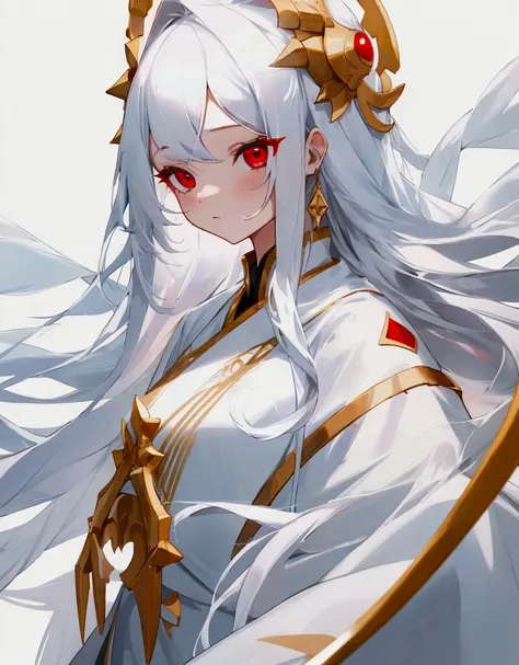 cute girl, with long white hair and white and gold clothes with beautiful red eyes