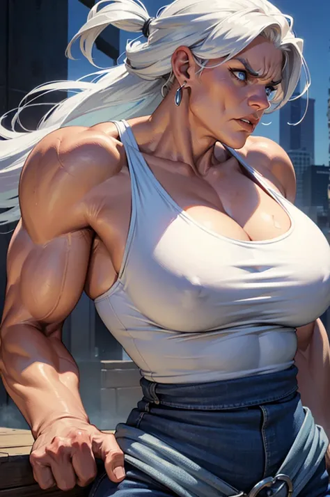 Woman , Huge muscles , muscular , massive muscles , white hair , angry face , blue eyes , Tank top , scars , barbaric , giant woman , enormous , 