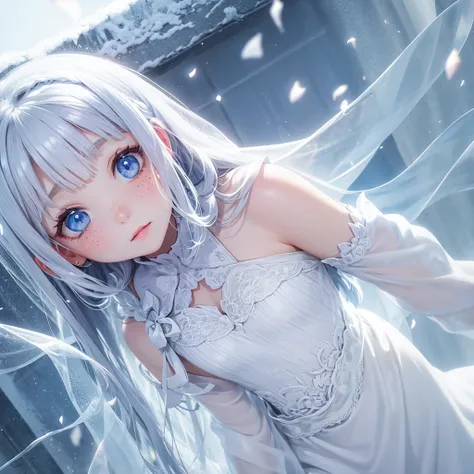 Cute glass girl wight hair Freckles cheeks pure skin bride dress snow background snow falls blue eyes cute eye browse 