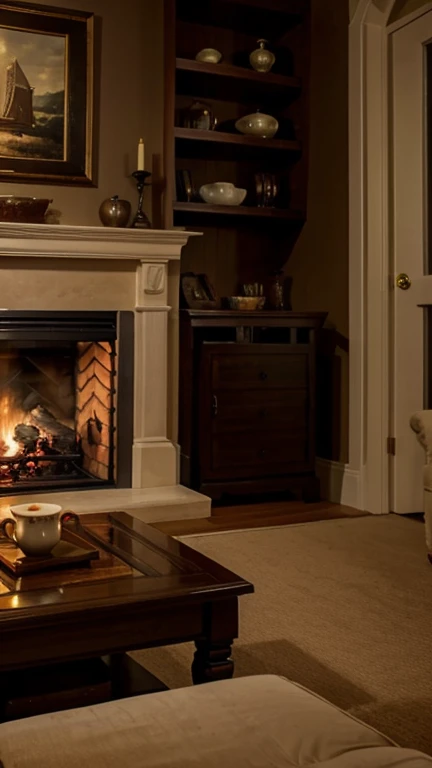 holding tea cup, near a fireplace, Living room
