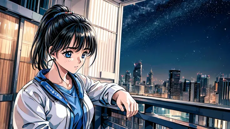 ((masterpiece)),(((Highest quality))),((Super detailed)) Realistically, 1 Girl, beautiful, Wearing headphones, One person　 night景を見てる, city, Starry Sky, building, night.　Black hair ponytail　The wind is blowing　sexy