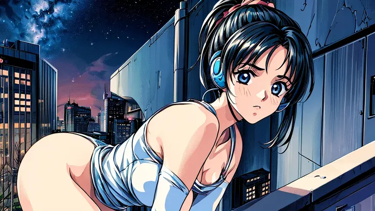 ((masterpiece)),(((Highest quality))),((Super detailed)) Realistically, 1 Girl, beautiful, Wearing headphones, One person　 night景を見てる, city, Starry Sky, building, night.　Black hair ponytail　The wind is blowing　sexy