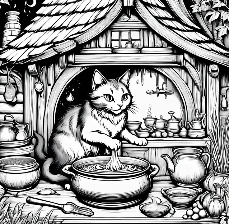 witch cat makes soup in witch hut, making medicines, wizard casting a spell, full page illustration, macbeth illustration, highl...