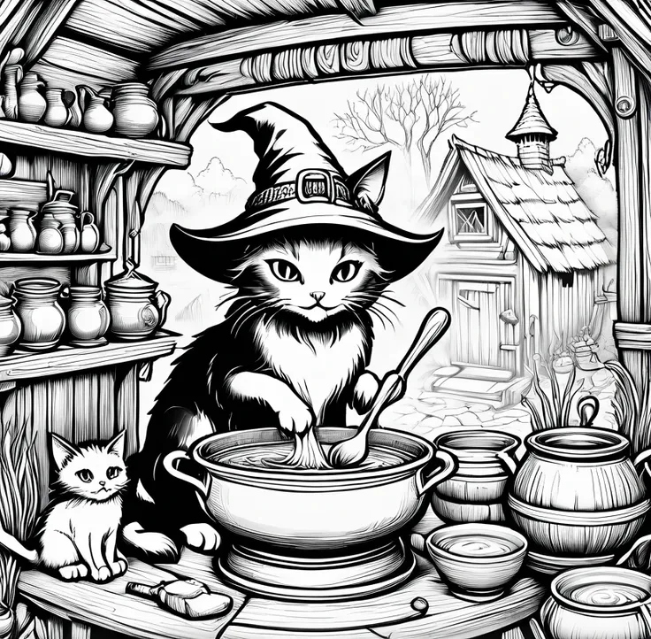 witch cat makes soup in witch hut, making medicines, wizard casting a spell, full page illustration, macbeth illustration, highl...