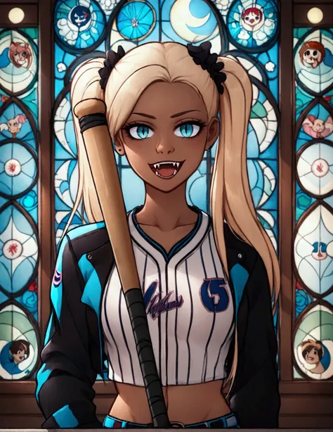 score_9, score_8_up, score_7_up, (solo close-up of gentle vampire lady with baseball bat looking out of stained glass ornate win...