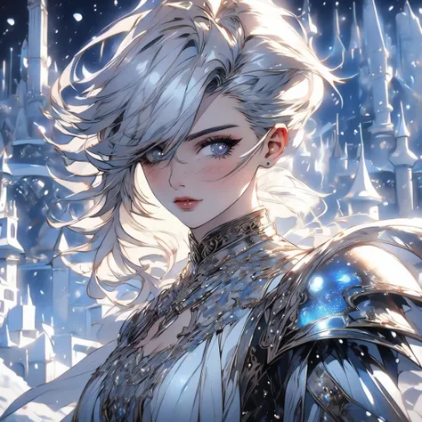 ((high quality:1.2, masterpiece:1.2)), 1girl, beautiful face, white hair, grey eyes, dynamic pose, (death knight, fantasy), (face shot, upper body), fantasy, (noon, ice castle background:1.2), majestic clouds, absurdres, high details, detailed and intricat...