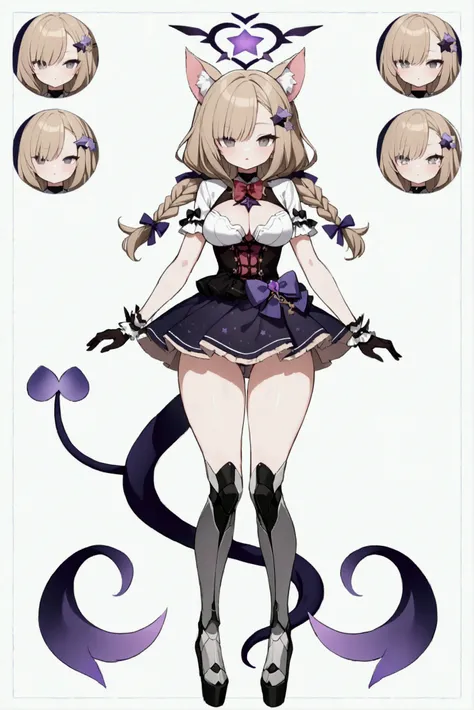 woman 170 cm tall, medium chest, wide hip, slim build, charming look, ((whole body)), (((character design sheet: front view))), (dark blonde hair, ((hip length wavy hair, asymmetrical bangs, star hairpin)), (She has a short braid tied with an elegant purpl...