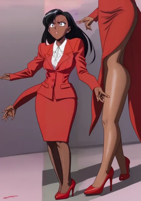 90s anime Evil black skinned business woman in a red suit and long red skirt and red heels and long red sleeves 