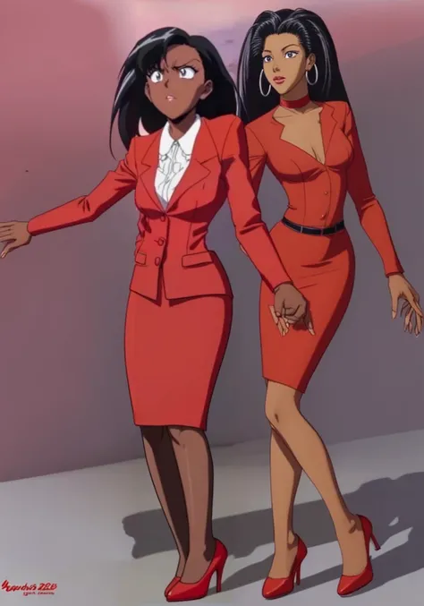 90s anime Evil black skinned business woman in a red suit and long red skirt and red heels and long red sleeves 