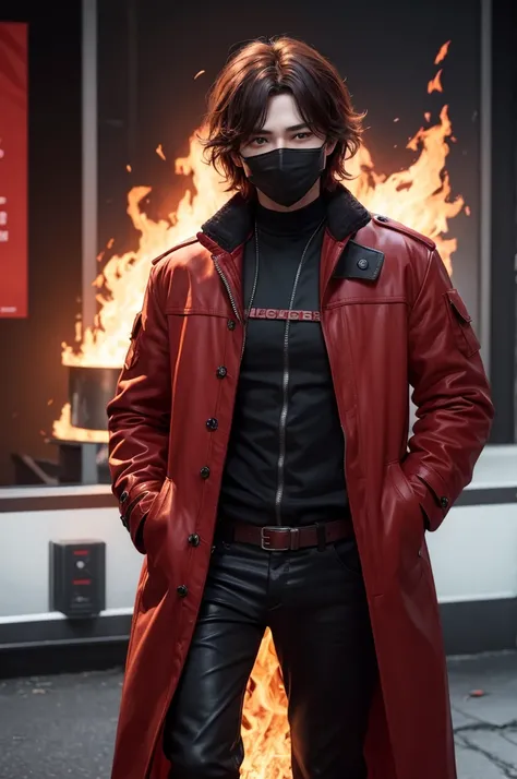 I want a free fire male character with messy hair, a red outfit and coat on fire and a black mask
